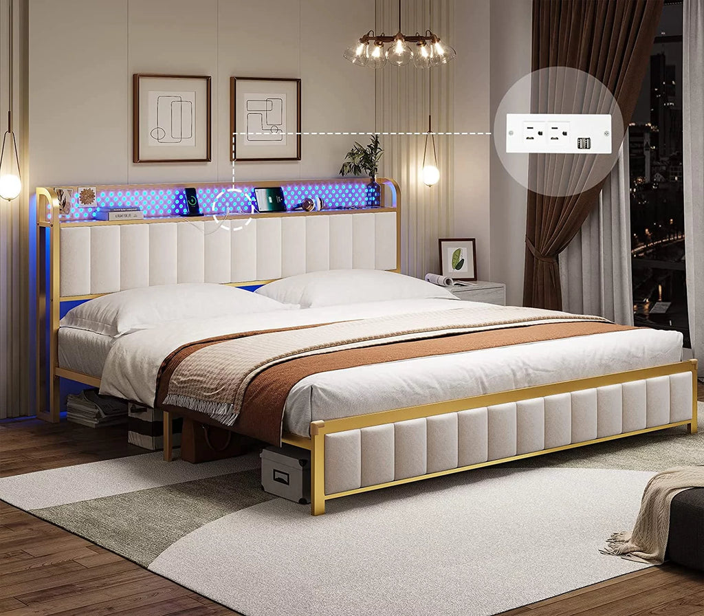 King Size White Upholstered Bed Frame with Charging Station Z3582