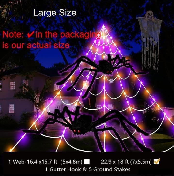 23Ft Orange and Purple LED Light Up Giant Spider Web Halloween Decorations J928150