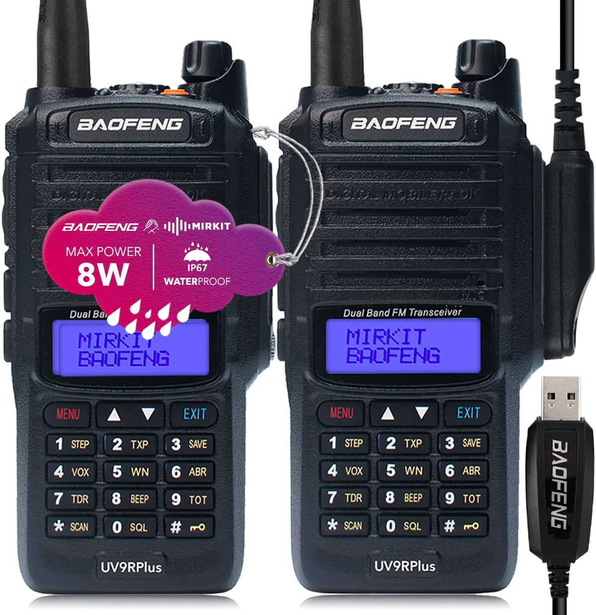 2pcs Waterproof Handheld Radio with USB Programming Cable & 2200mAh Battery, IP67 T8020