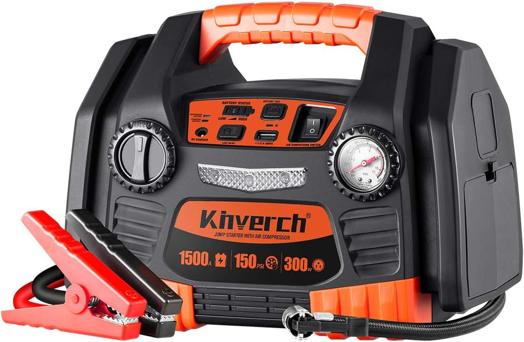 Portable Car Jump Starter 1000 Peak Amp 12-Volt with 1-USB 1-12V Power Ports & 150 PSI Air Compressor E5870
