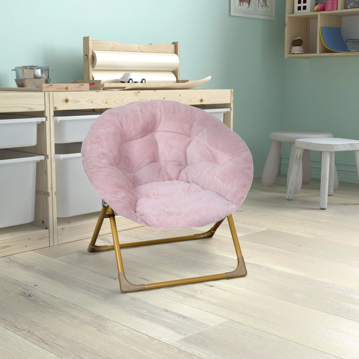 Blush Faux Fur Kids Mini Folding Saucer Chair C253844