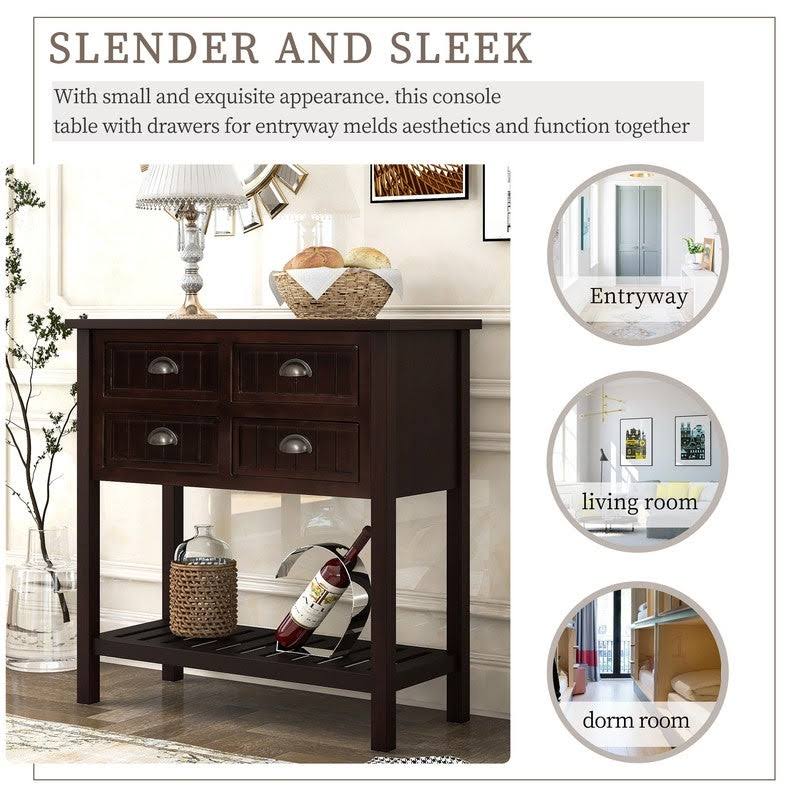 Solid Wood Console Table with 4 Drawers and Slatted Shelf H784