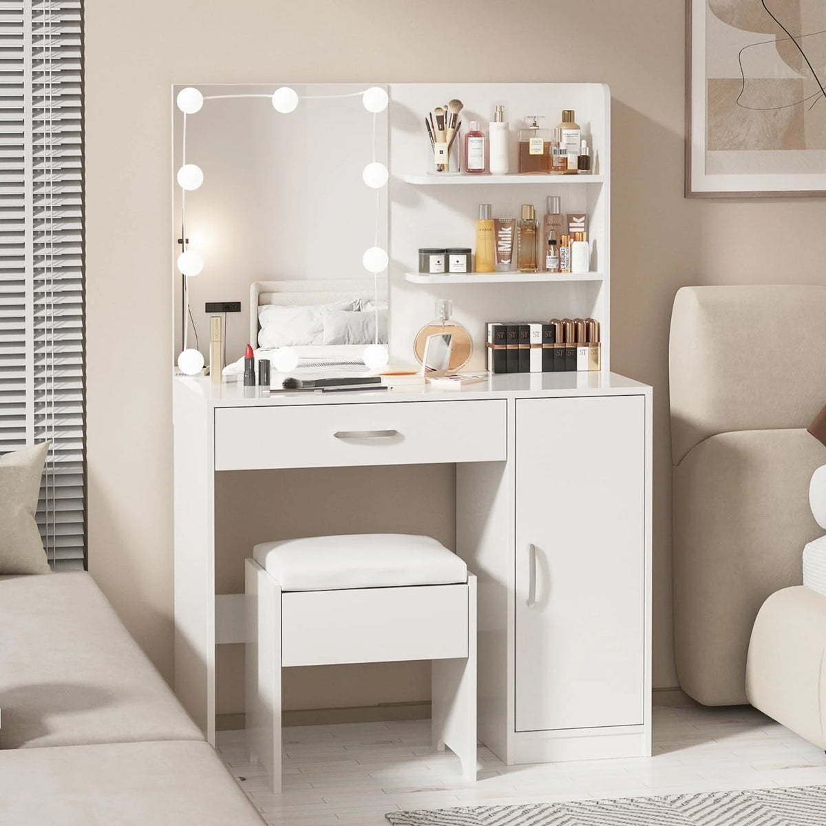 White Makeup Vanity Table Set with Lighted Mirror and Stool R6943