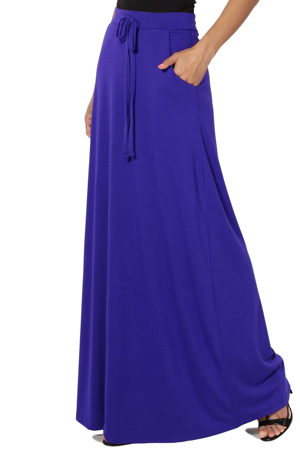 Drawstring Waist Pocket Jersey A-Line Maxi Skirt L910