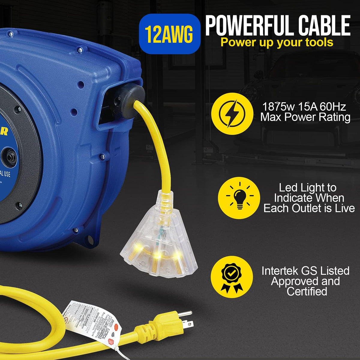 Extension Cord Reels 12AWG 40 FT SJTOW Cable with LED Light-Up Tap X339789