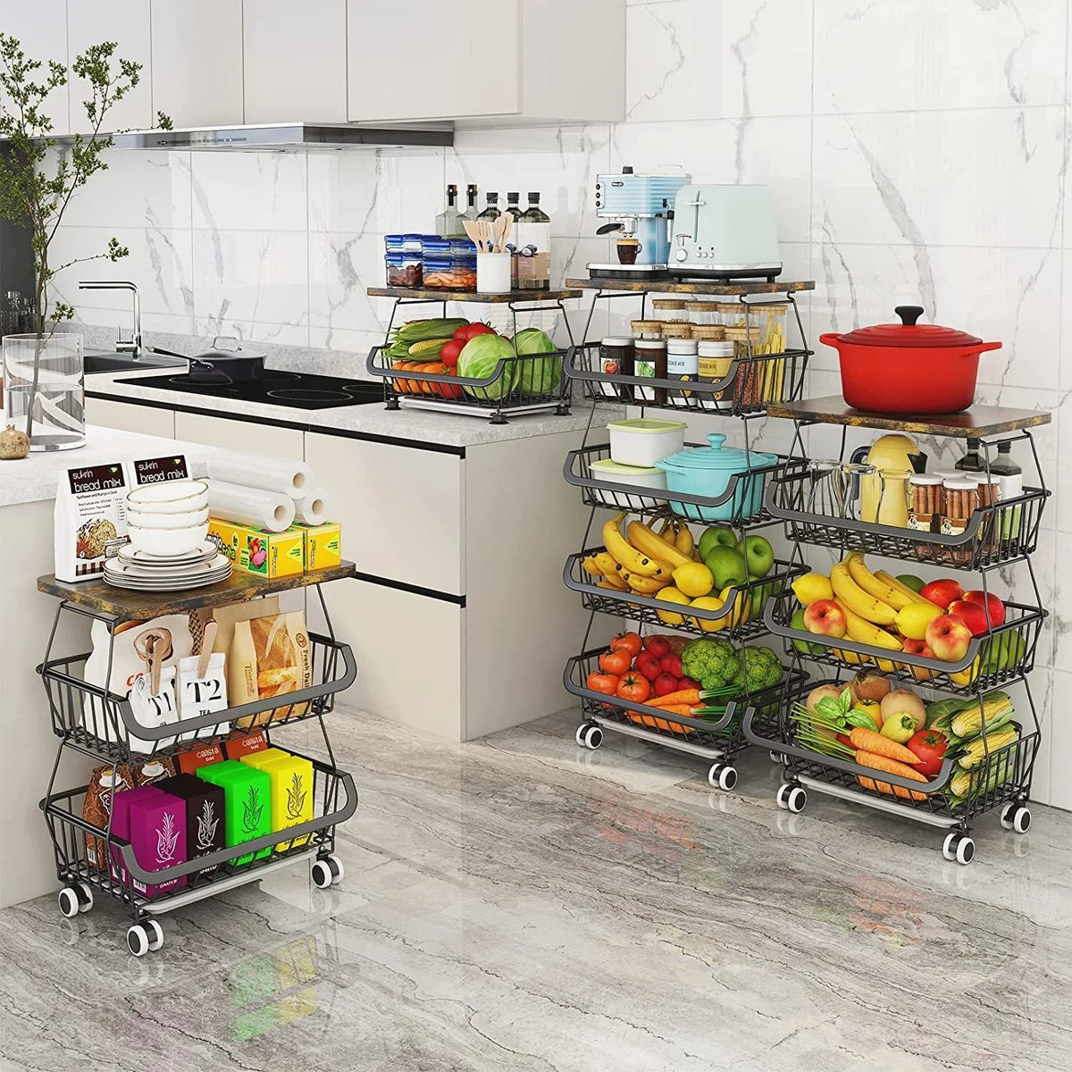 4 Tier Fruit Vegetable Cart with Solid Wood and Rollers W643