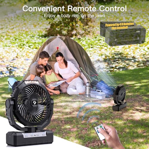 Portable Camping Fan with 4 Speeds, Light, Timer, Remote - Black Q2897