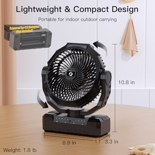Portable Camping Fan with 4 Speeds, Light, Timer, Remote - Black Q2897