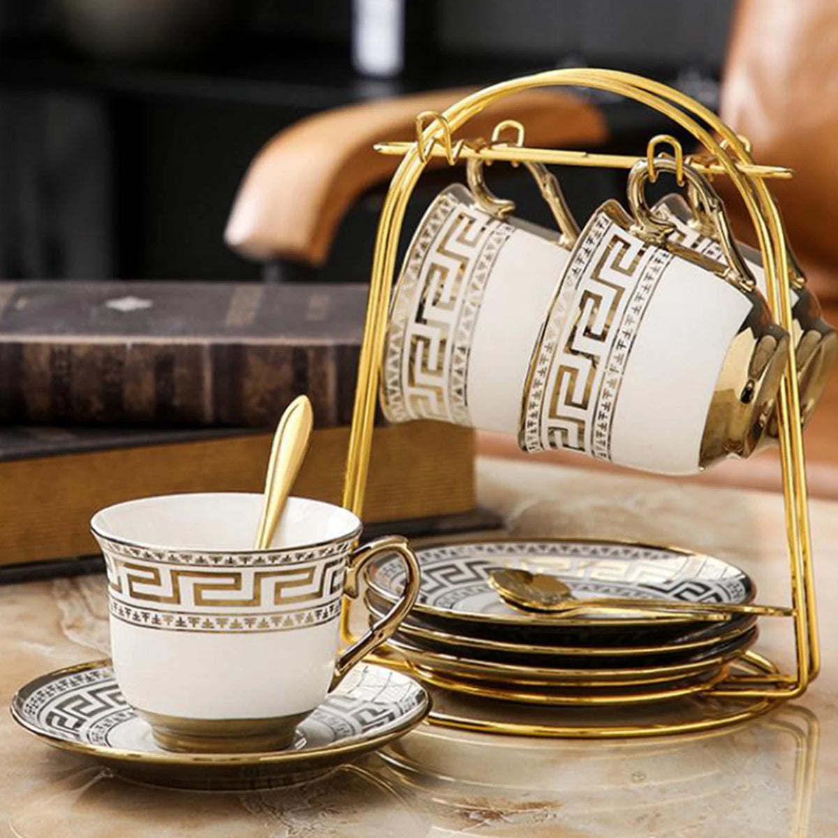 13 Pcs White Coffee Cup Set with Golden Trim R343580