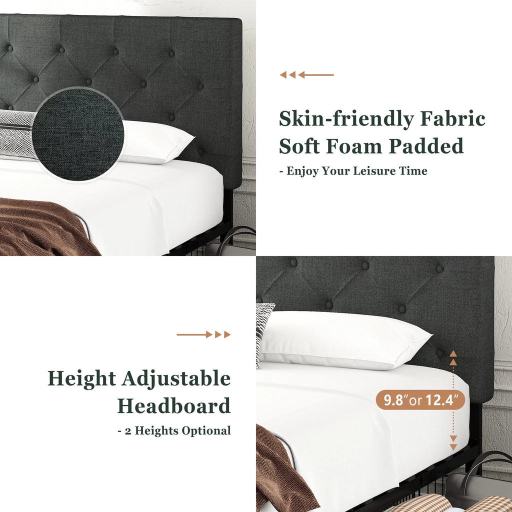 King Size Platform Bed Frame with Headboard and 4 Drawers, Dark Grey P213565