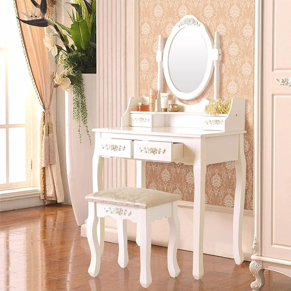 White Dressing Table and Stool Set with 4 Drawers & Mirror X2770