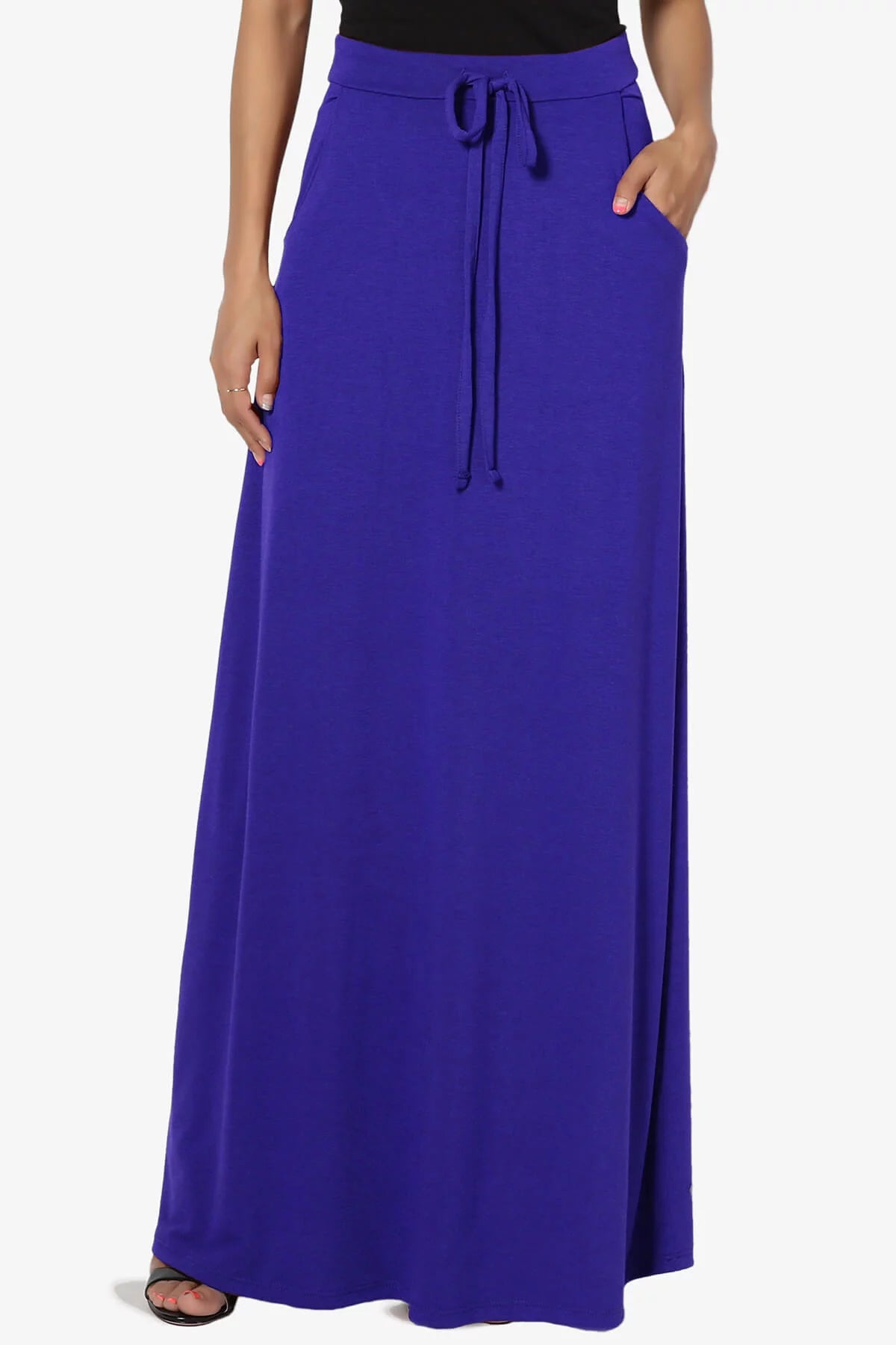 Drawstring Waist Pocket Jersey A-Line Maxi Skirt L910