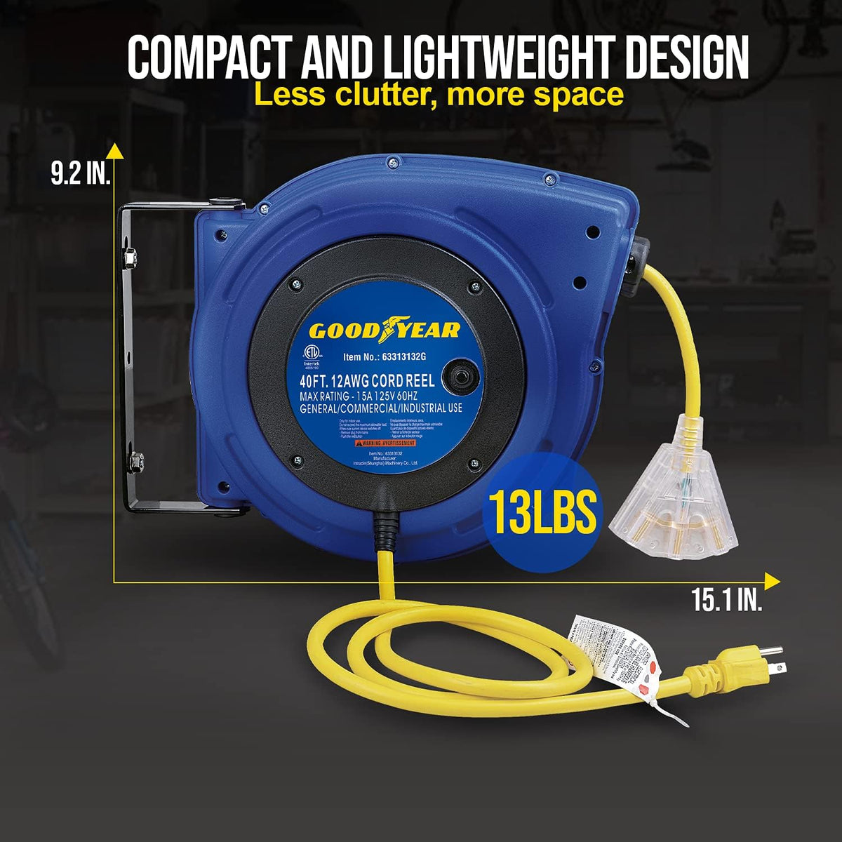 Extension Cord Reels 12AWG 40 FT SJTOW Cable with LED Light-Up Tap X339789