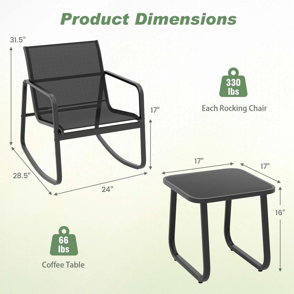 3 Piece Patio Rocking Set 2 Rocking Bistro Chairs & Glass-Top Table H30564