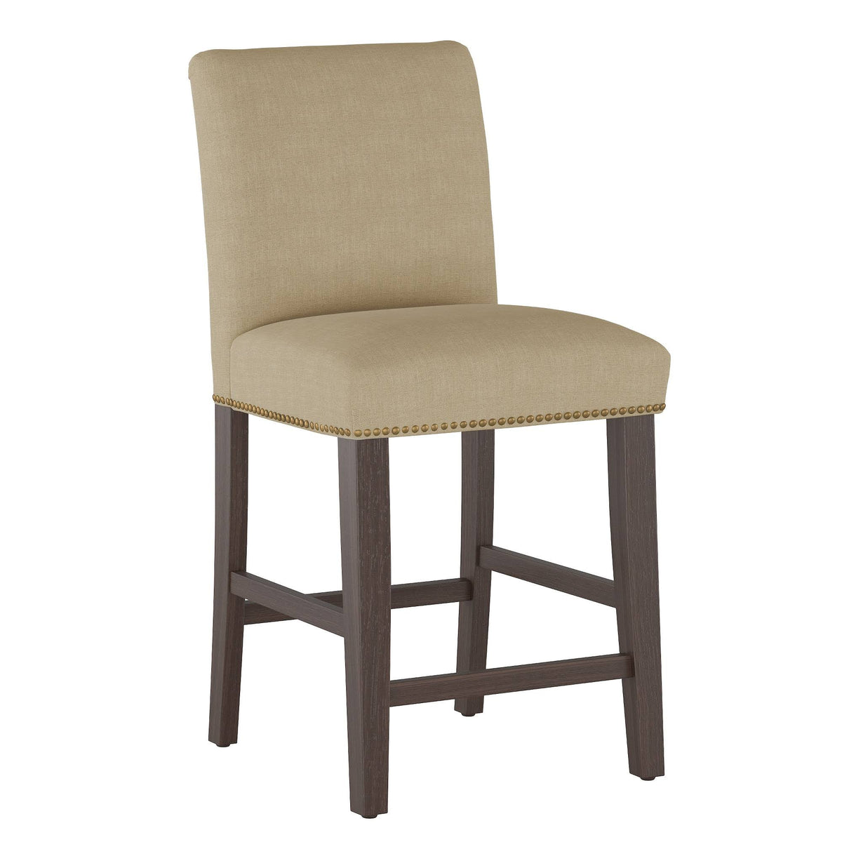 Natural Linen Counter Height Barstool with Brass Nail Buttons U32079