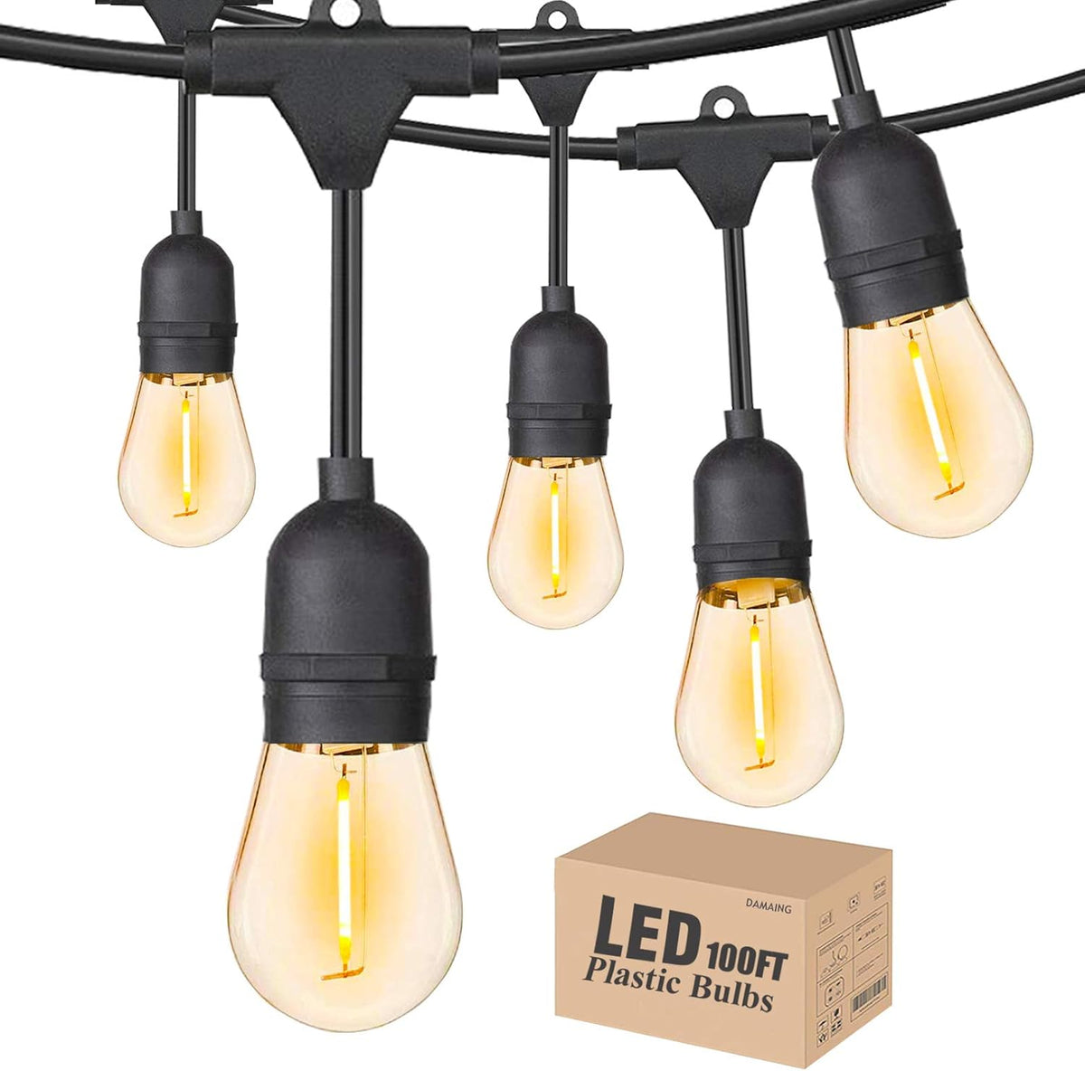 Outdoor String Lights 100FT with 30 Sockets 32 Shatterproof Dimmable Plastic Vintage Edison Bulbs Waterproof Strand Light T360591