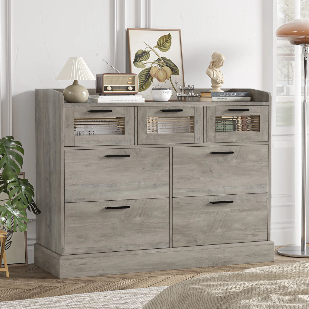 White 7 Drawer Glass Panel Wood Dresser Y852