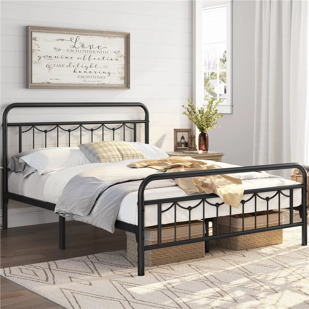 Queen Size Matte Black Metal Platform Bed Frame with Headboard and Footboard N356462