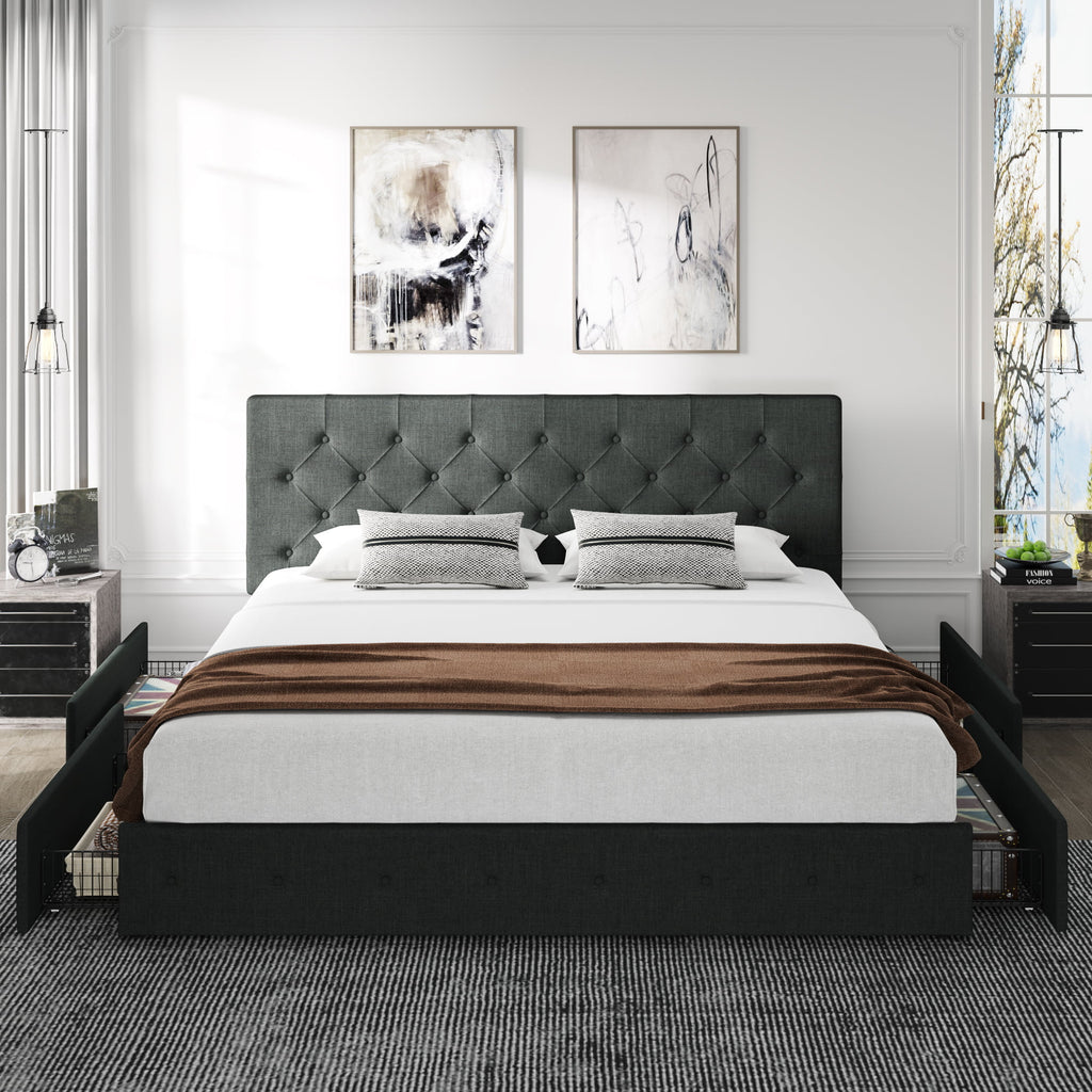 King Size Platform Bed Frame with Headboard and 4 Drawers, Dark Grey P213565