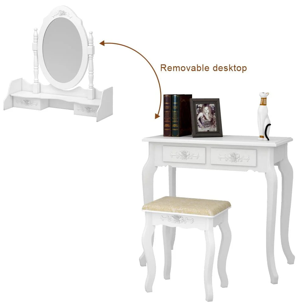 White Dressing Table and Stool Set with 4 Drawers & Mirror X2770