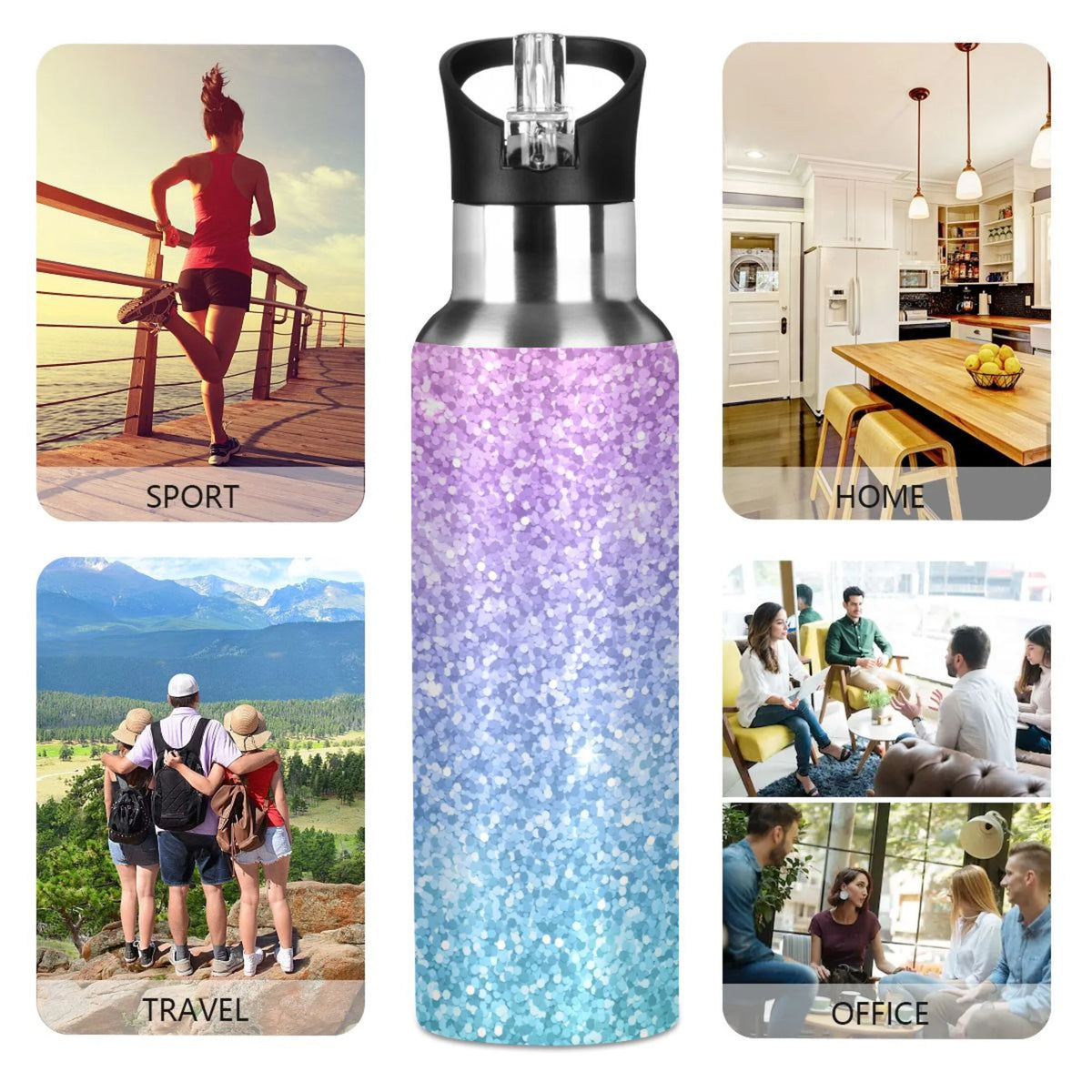 Glitter Gold Purple Green Stainless Steel Vacuum Insulated Water Bottle with Straw Lid 20 OZ R11080