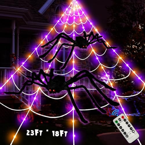 23Ft Orange and Purple LED Light Up Giant Spider Web Halloween Decorations J928150