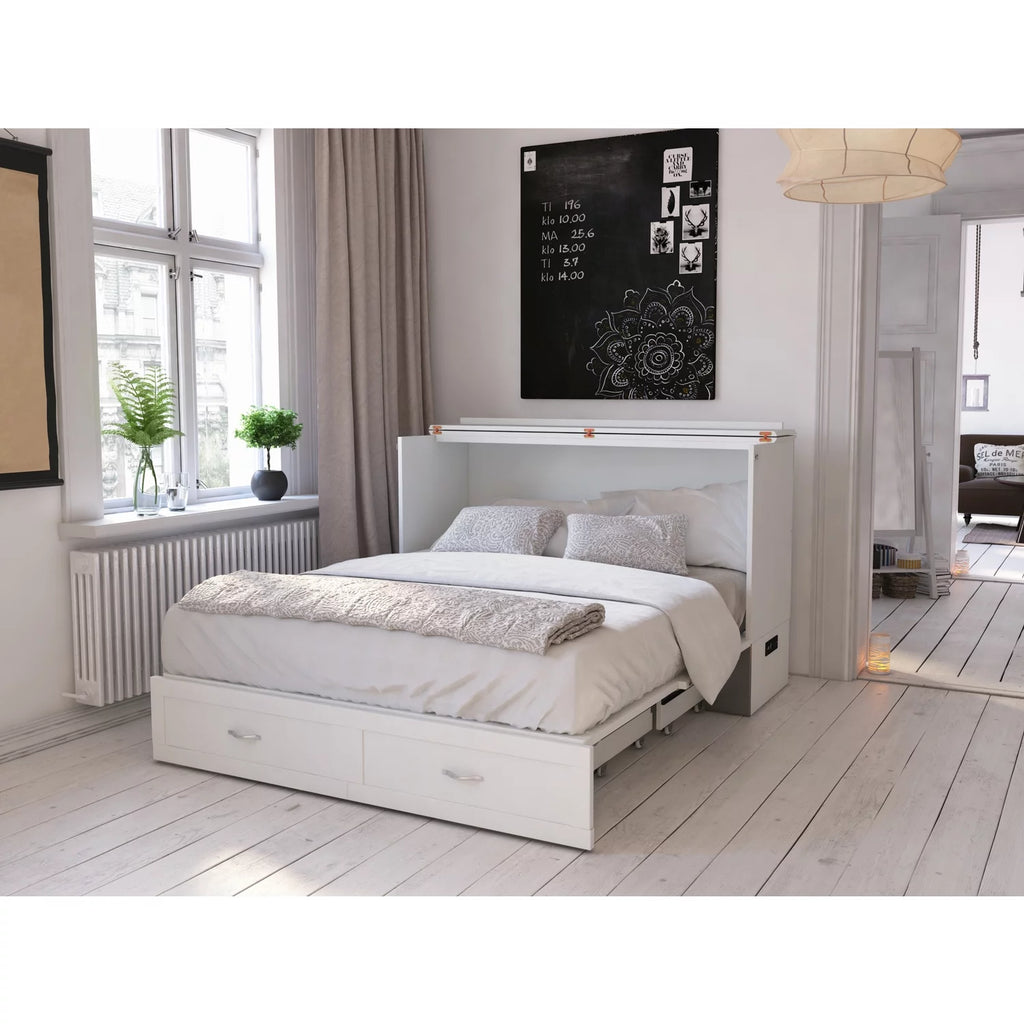 Queen Solid Wood Murphy Bed Chest with Mattress in White W15656