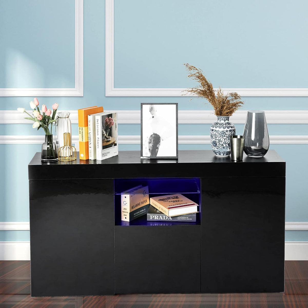 Black Buffet Storage Cabinet with 20 Color LED Lights C556