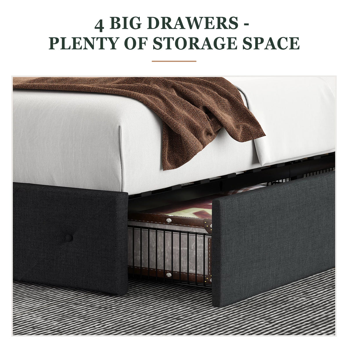 King Size Platform Bed Frame with Headboard and 4 Drawers, Dark Grey P213565