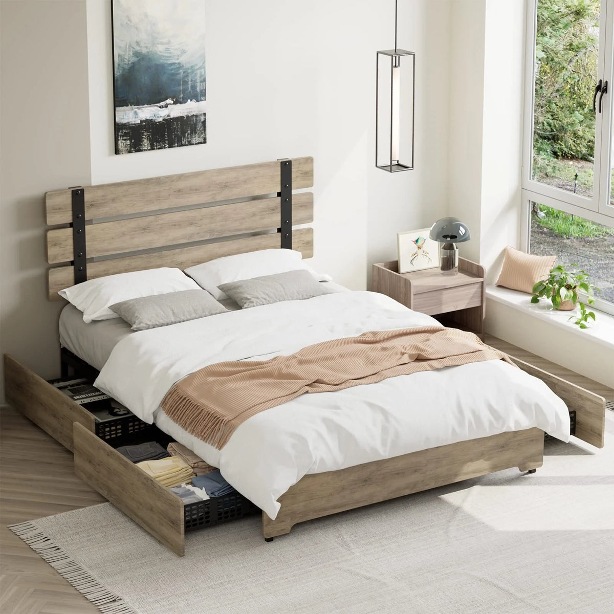 Queen Bed Frame with 4 Storage Drawers Y449