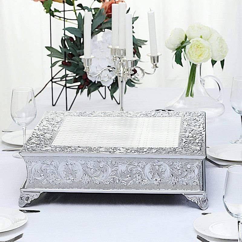 Silver Square Embossed Wedding Cake Stand Riser L65054
