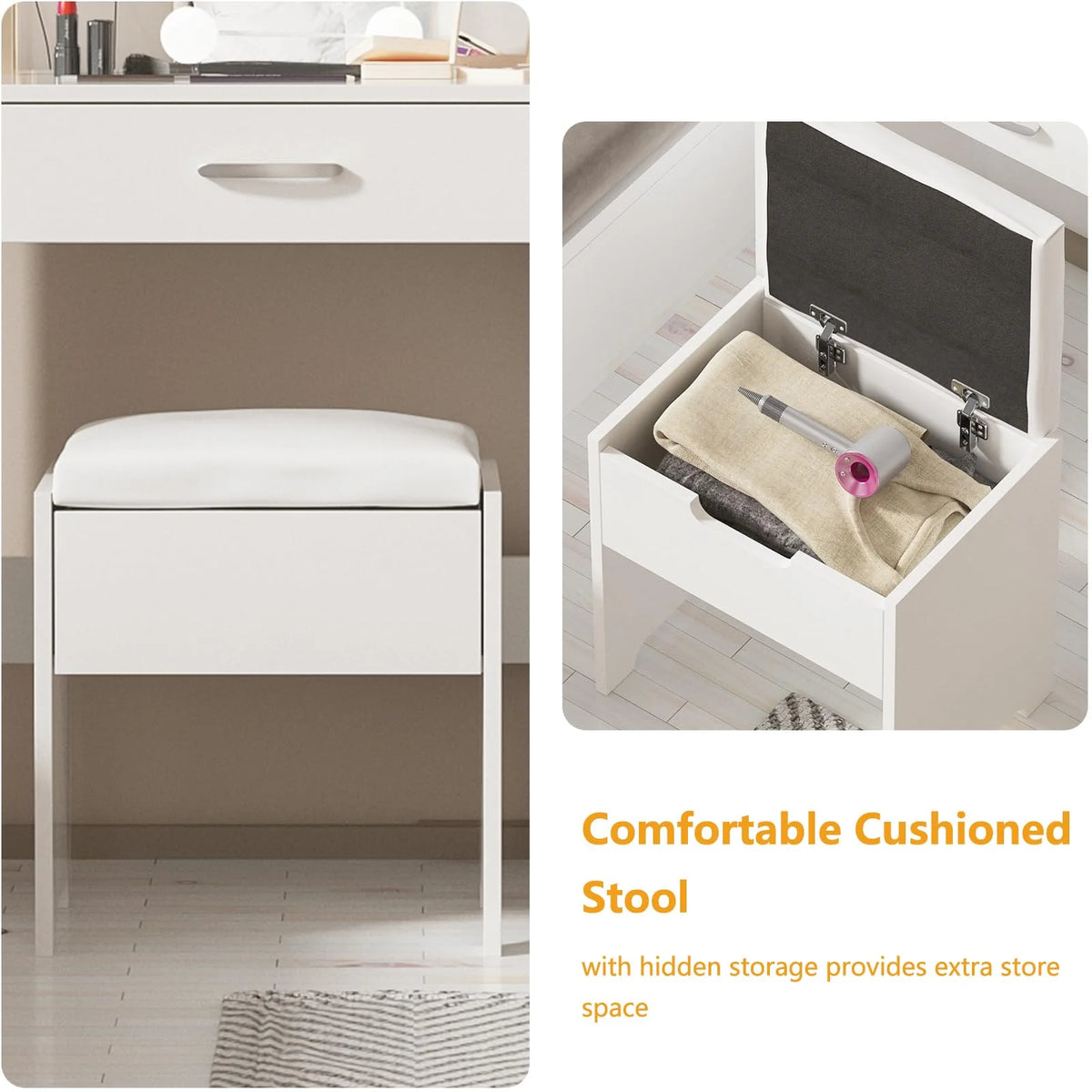 White Makeup Vanity Table Set with Lighted Mirror and Stool R6943