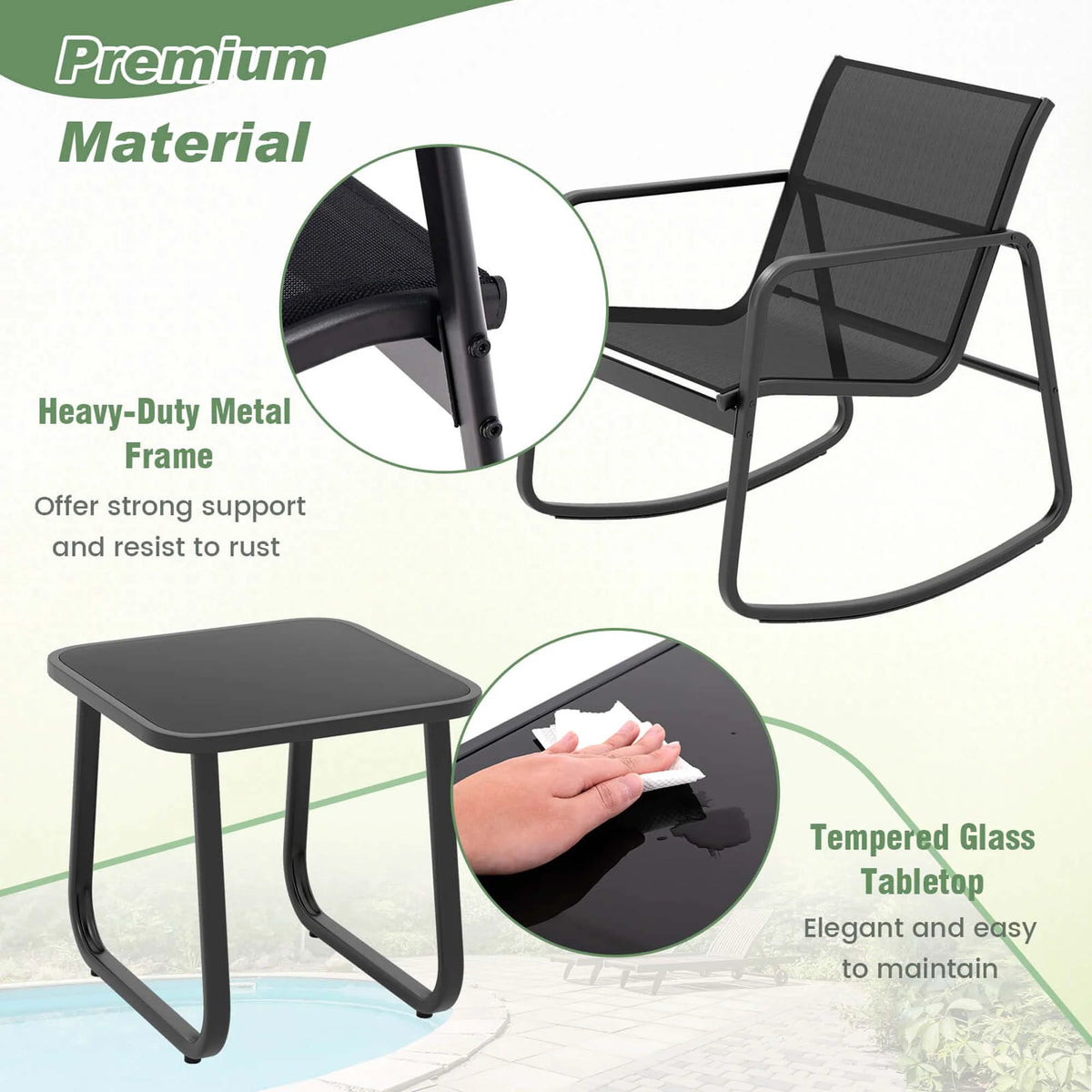 3 Piece Patio Rocking Set 2 Rocking Bistro Chairs & Glass-Top Table H30564
