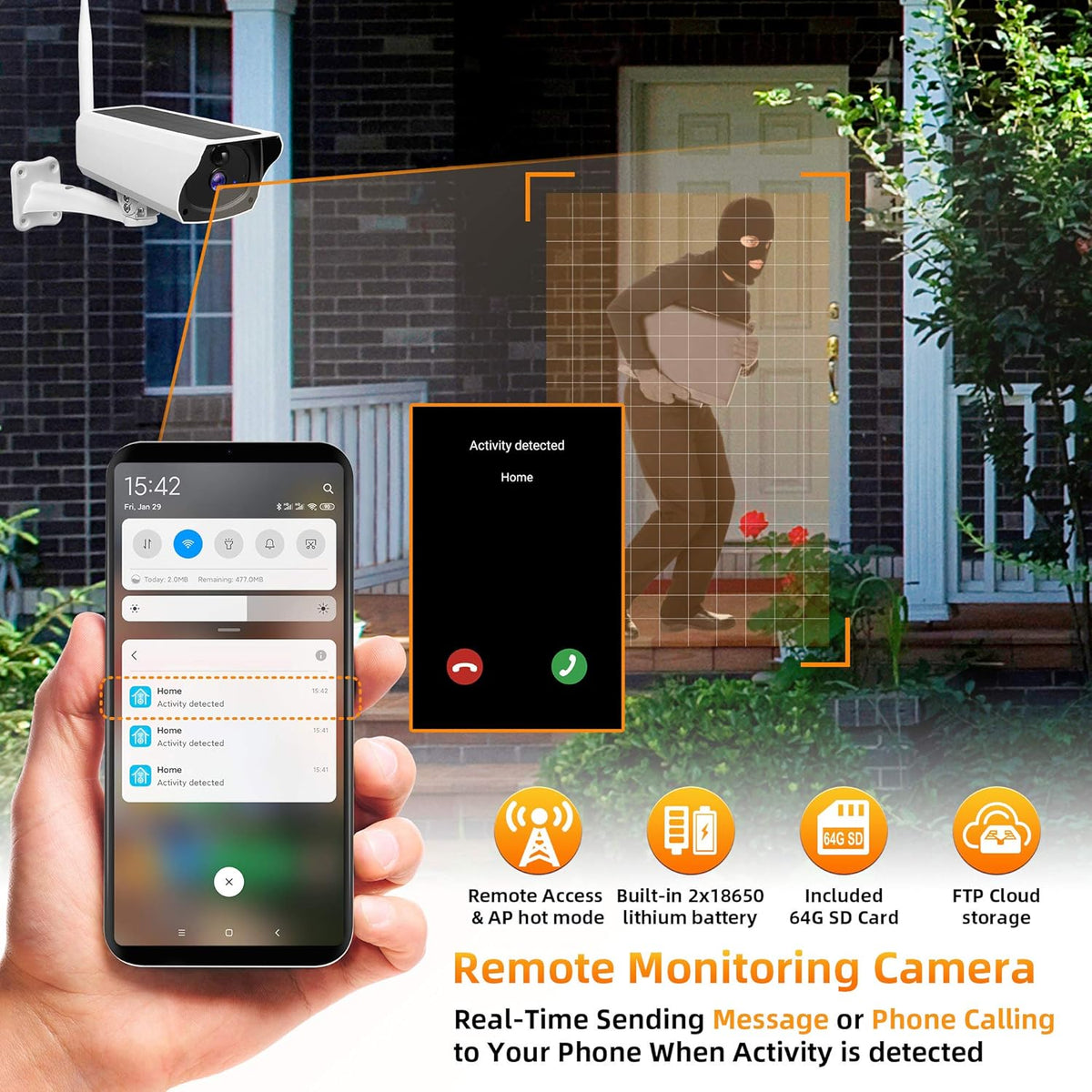Outdoor Solar Security Camera 1080P HD Wireless WiFi Surveillance Camera with Night Vision, 2-Way Audio, IP67 Waterproof, 64G SD Card B35445