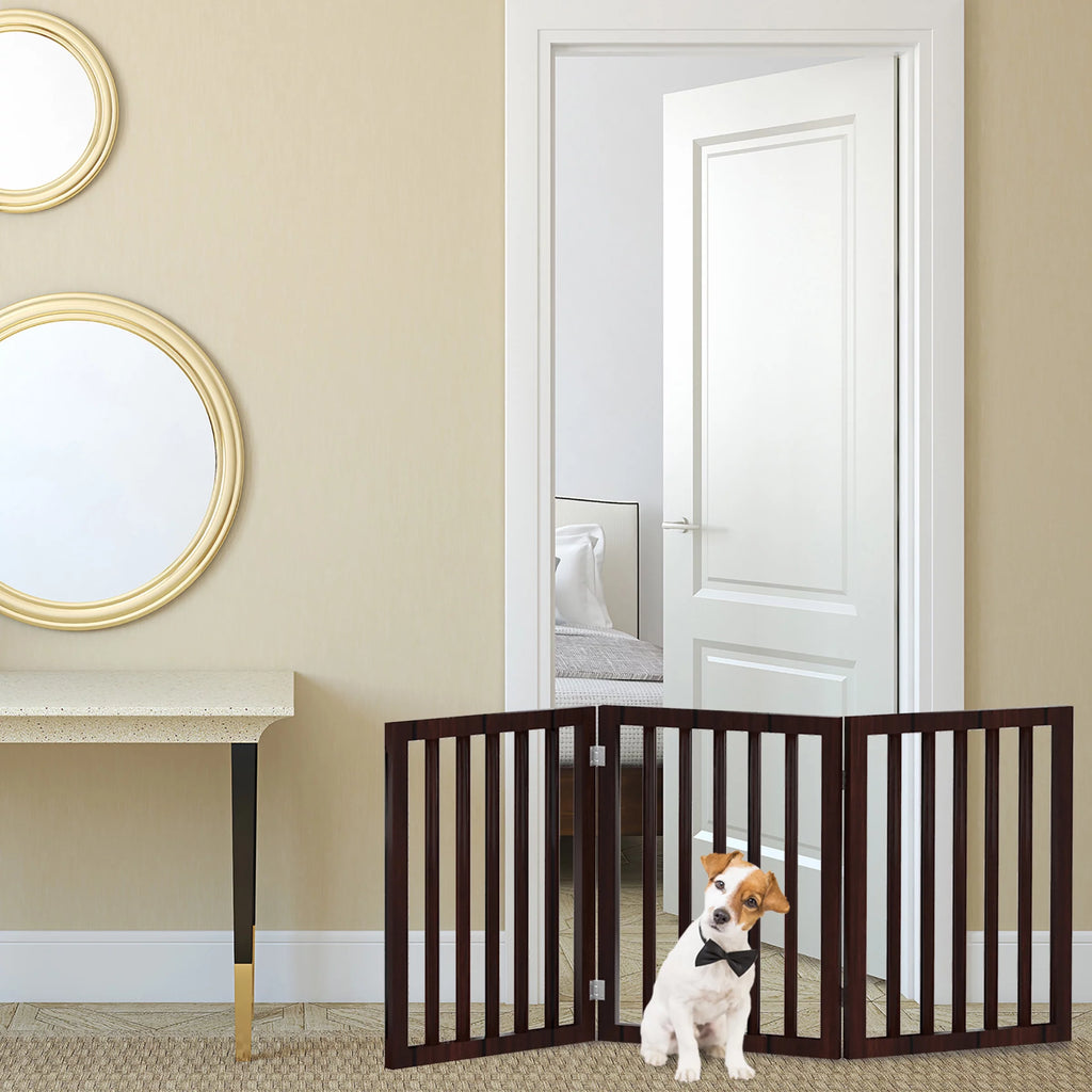 3 Panel Brown Wooden Freestanding Pet Gate E6356