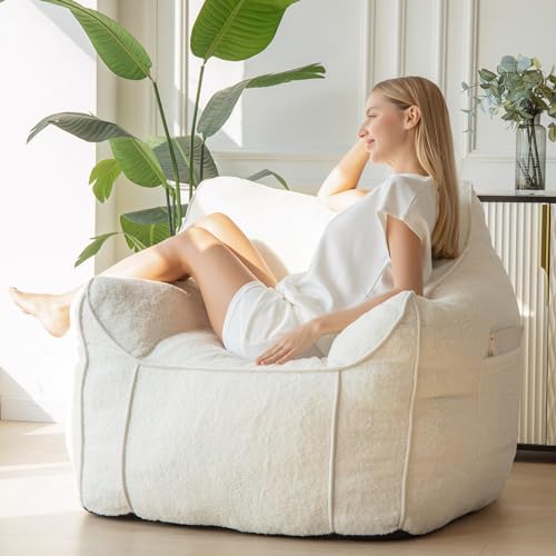 Beige Large Fluffy Bean Bag Chair with Armrest V619