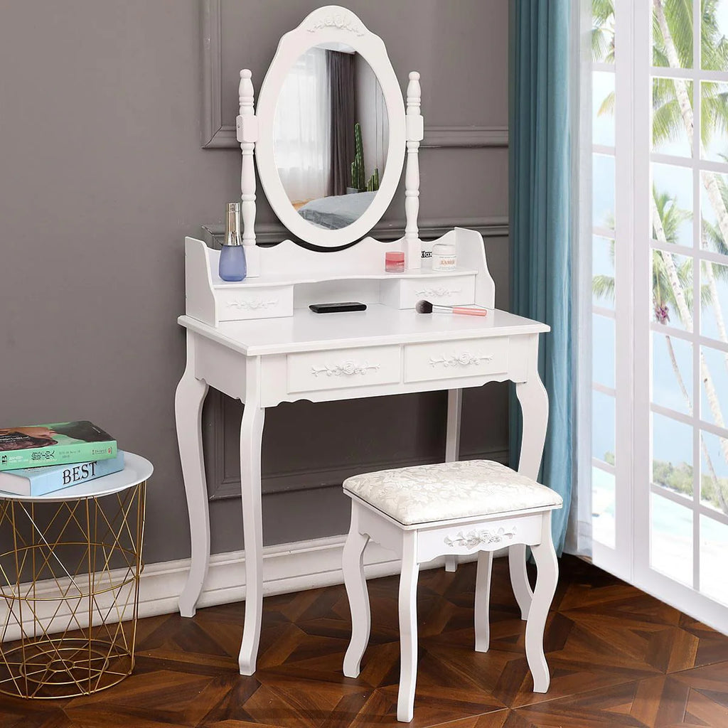 White Dressing Table and Stool Set with 4 Drawers & Mirror X2770