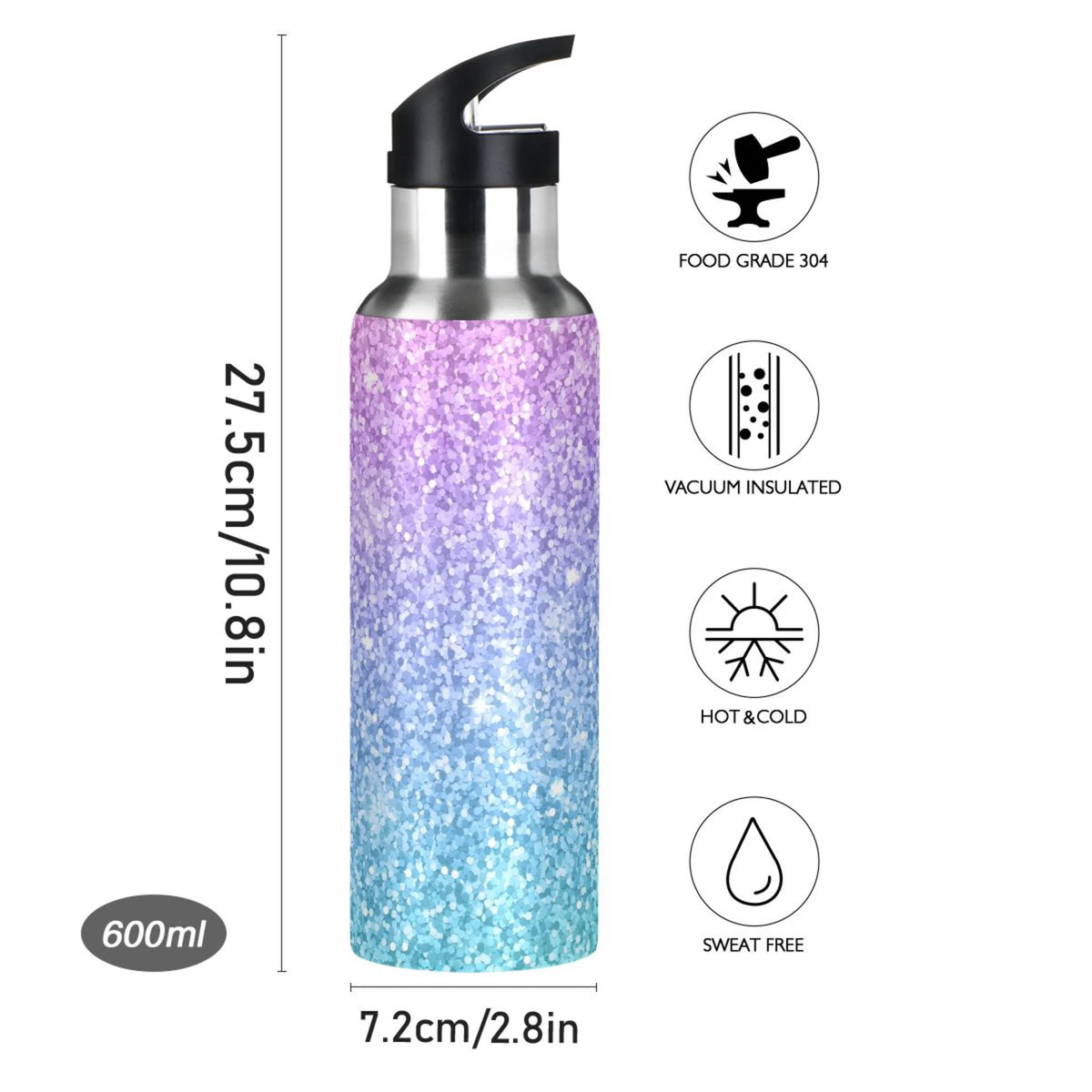 Glitter Gold Purple Green Stainless Steel Vacuum Insulated Water Bottle with Straw Lid 20 OZ R11080