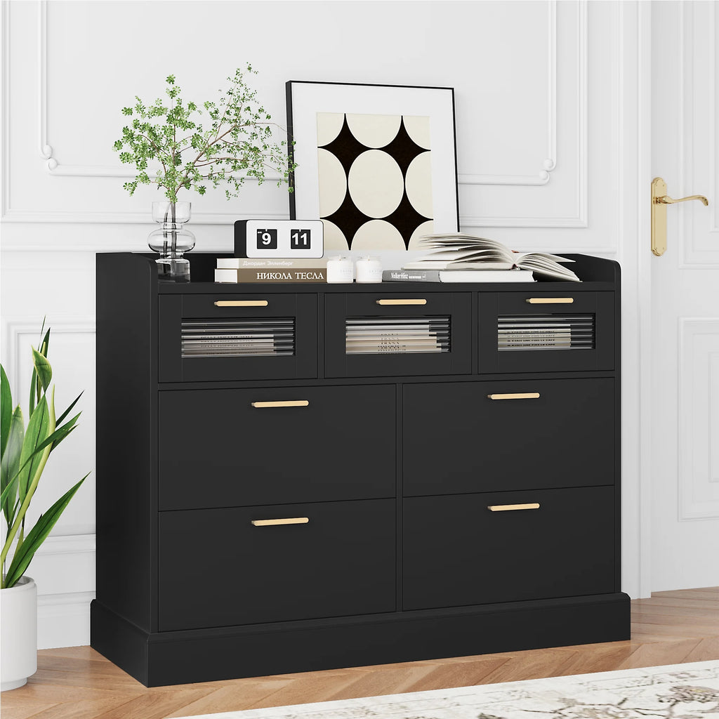 White 7 Drawer Glass Panel Wood Dresser Y852