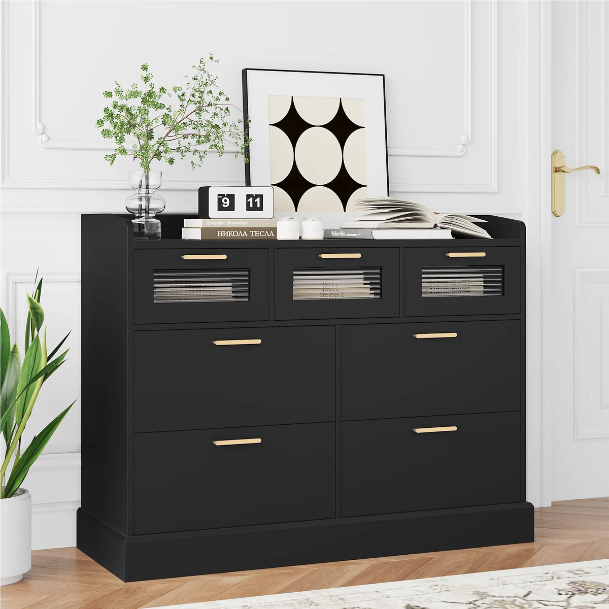 White 7 Drawer Glass Panel Wood Dresser Y852