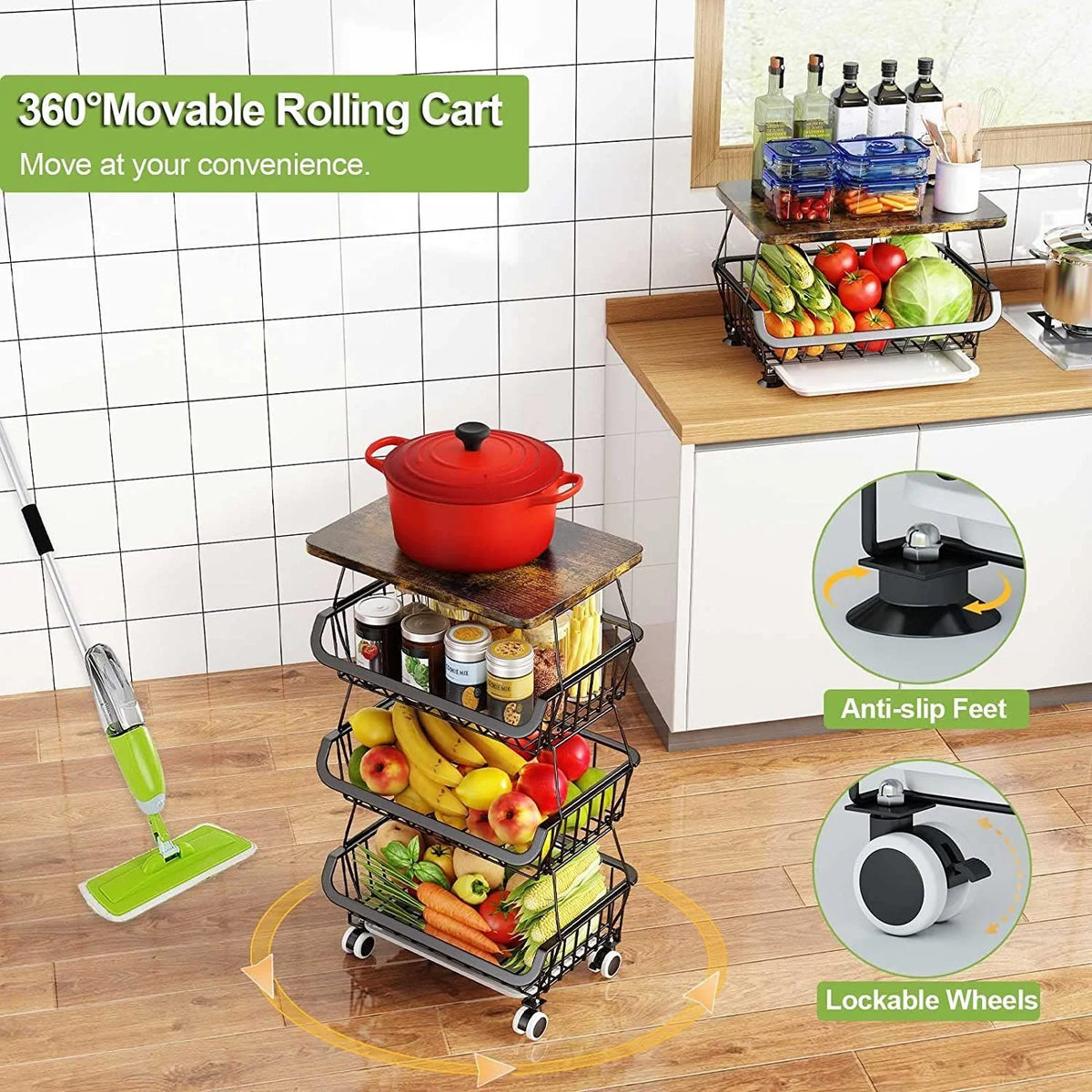 4 Tier Fruit Vegetable Cart with Solid Wood and Rollers W643