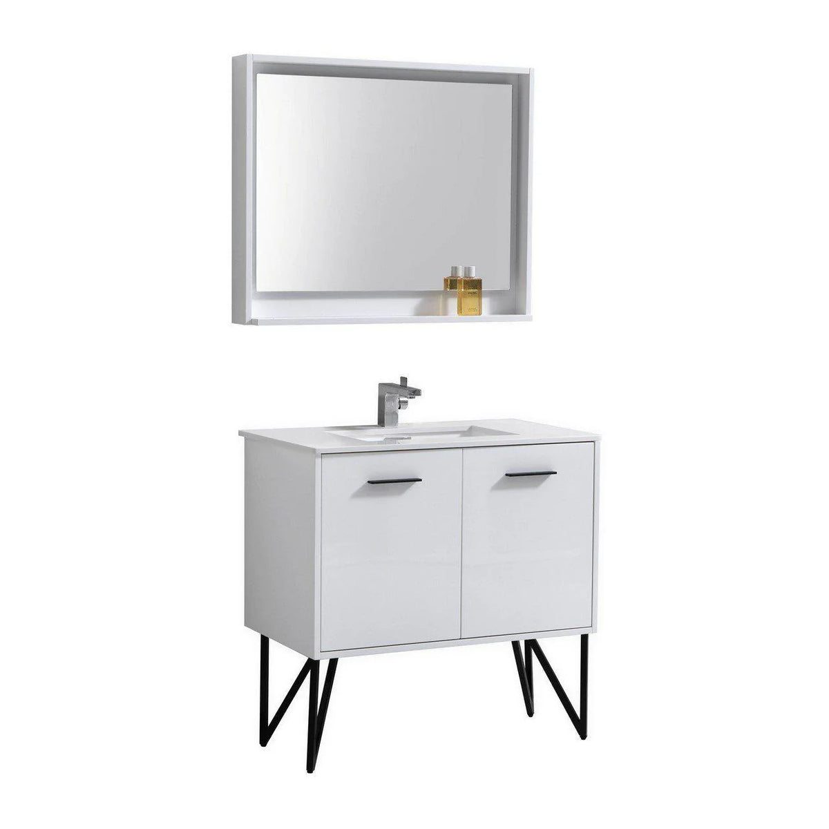 36 in. High Gloss White Bathroom Vanity with Quartz Countertop and Mirror M8984