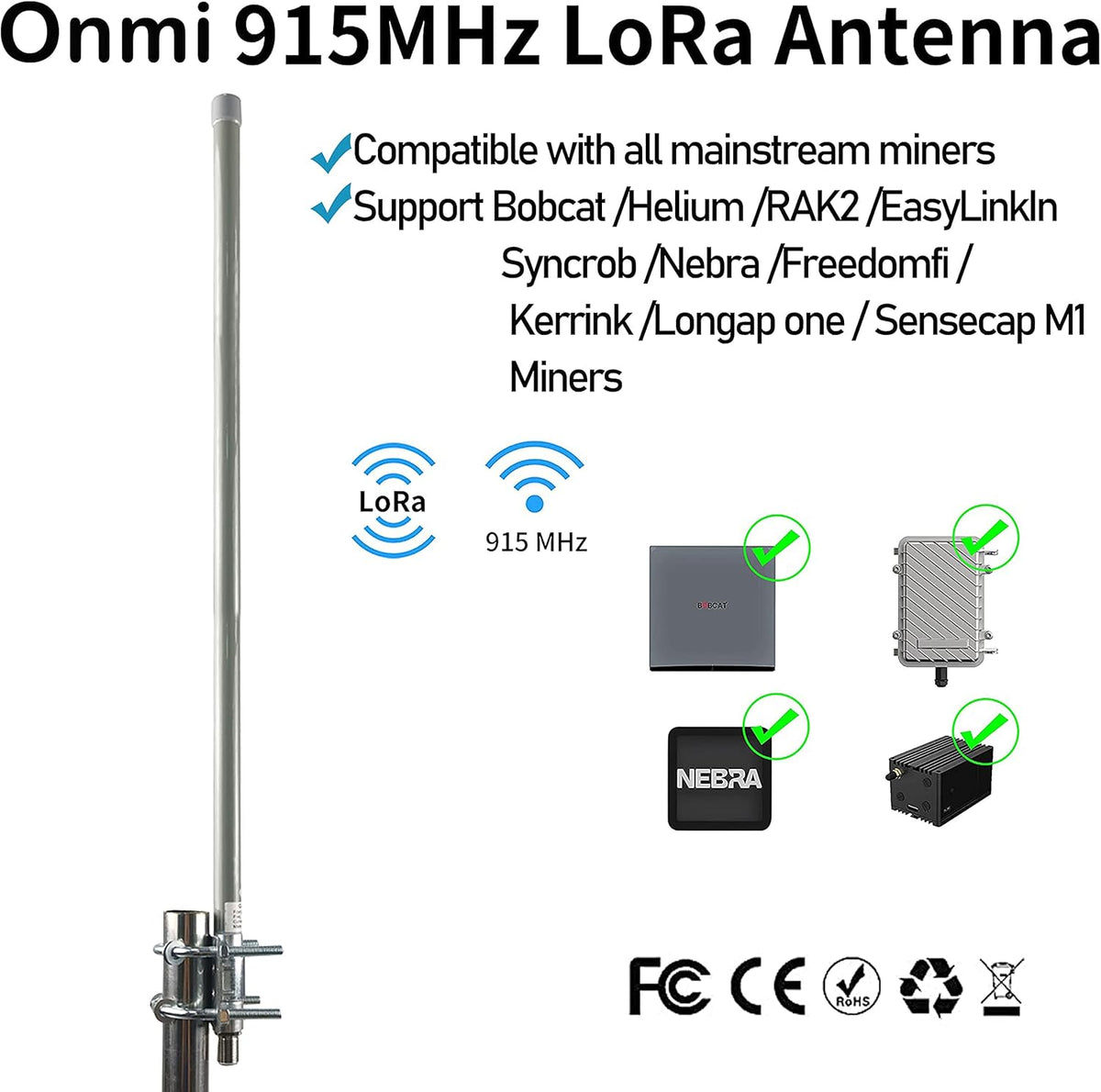 915MHZ LoRa Antenna Omni Outdoor Fiberglass 10dBi with 3Meter RG142 Cable Y65773