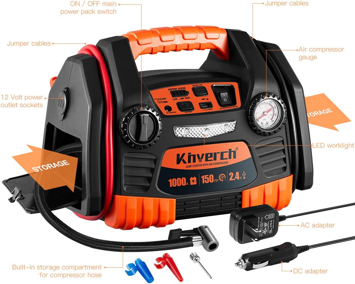 Portable Car Jump Starter 1000 Peak Amp 12-Volt with 1-USB 1-12V Power Ports & 150 PSI Air Compressor E5870