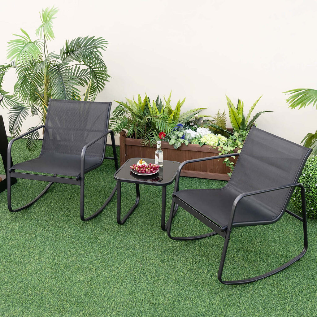 3 Piece Patio Rocking Set 2 Rocking Bistro Chairs & Glass-Top Table H30564