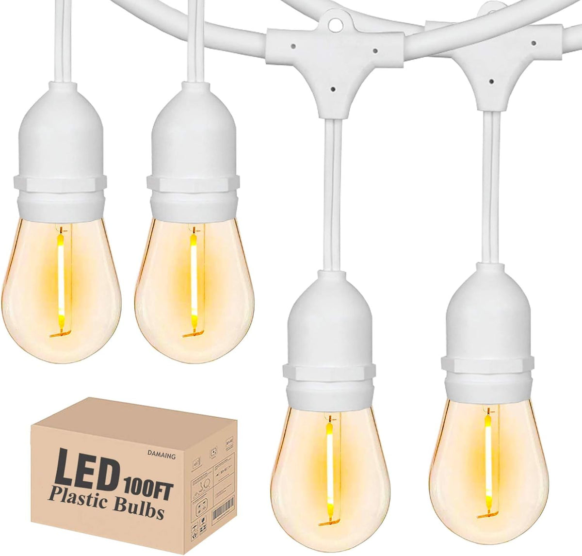 Outdoor String Lights 100FT with 30 Sockets 32 Shatterproof Dimmable Plastic Vintage Edison Bulbs Waterproof Strand Light T360591