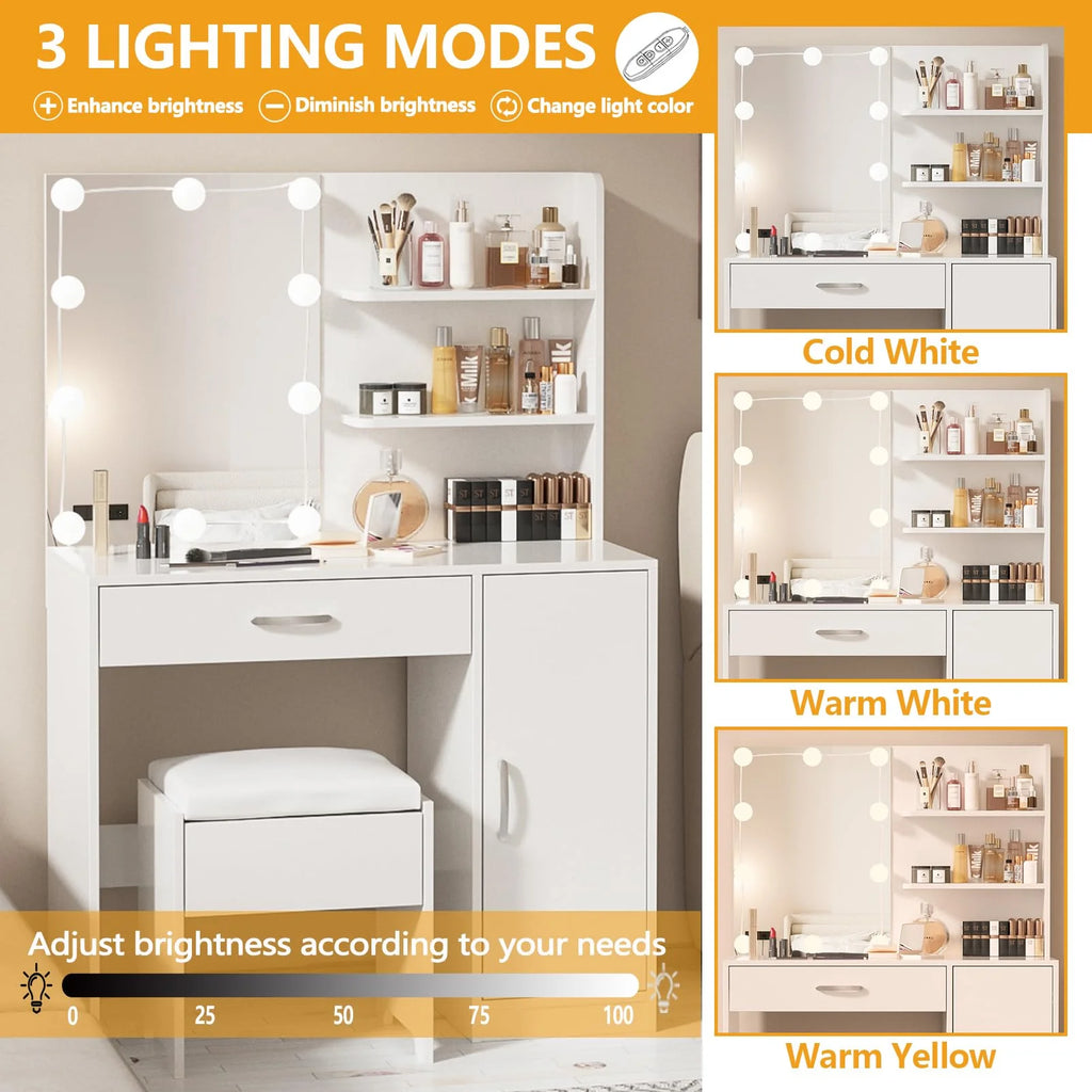 White Makeup Vanity Table Set with Lighted Mirror and Stool R6943