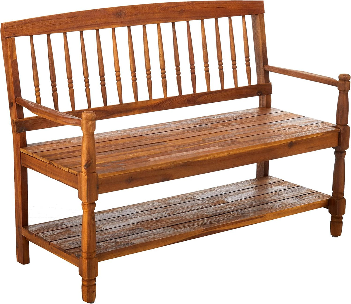 Teak Finish Acacia Wood Bench with Shelf T3771