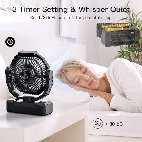 Portable Camping Fan with 4 Speeds, Light, Timer, Remote - Black Q2897